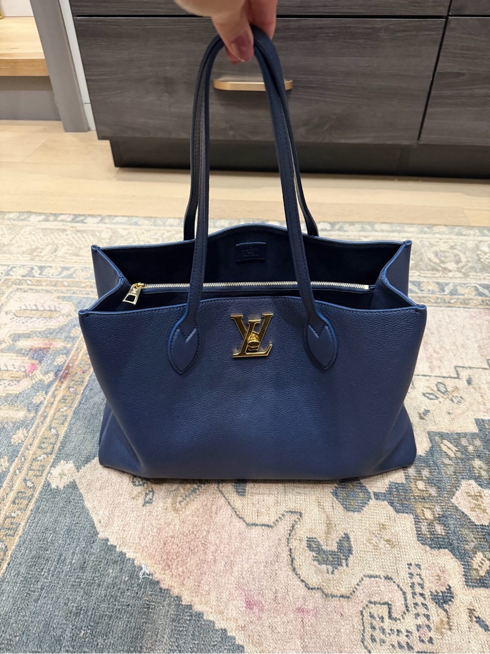 Louis Vuitton Deep Blue Leather Tote with Gold LV Hardware